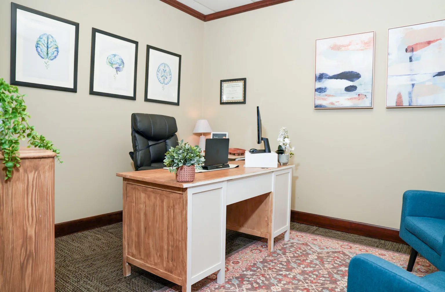 One of the Next Chapter offices: a wooden desk, framed brain prints on the wall and teal armchairs